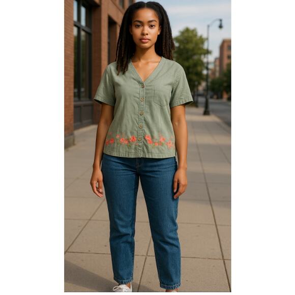 Erika Collection 90s Grey Linen Cotton Floral Hem Button Front Top XL - Picture 8 of 8